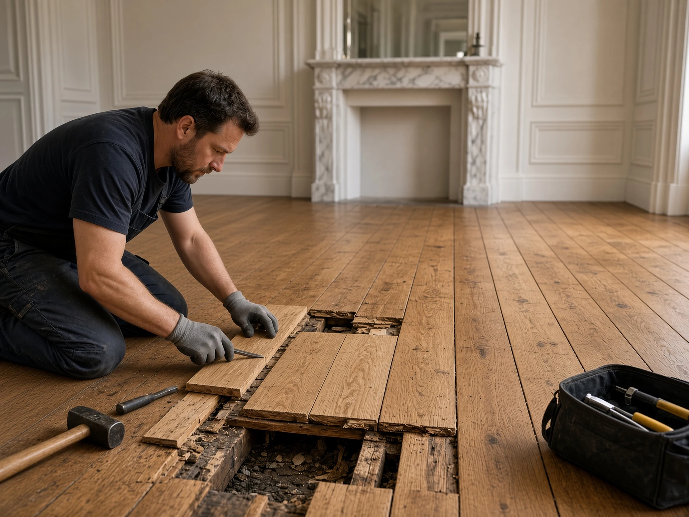 Wooden floor being repaired in a London home