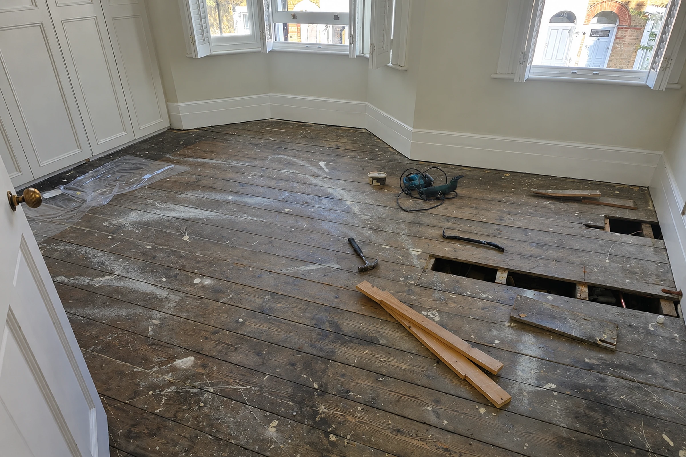 Worn wooden floor before restoration